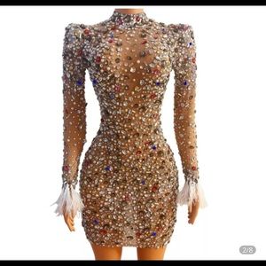 Sexy Multicolor Rhinestone dress with  Feather Sleeves